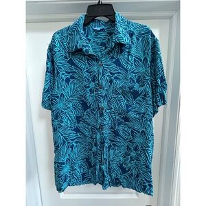 BlueGinger Shirt Mens Large Floral Hawaiian Button Up. Navy Teal Resort Beach